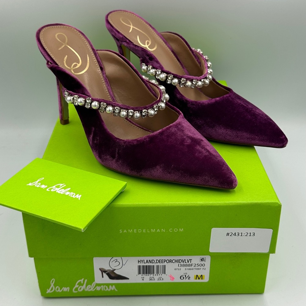 Sam Edelman Hyland Velvet Mule Heels 6.5 Purple Pearl Crystal Strap Glam Y2K NIB - Picture 3 of 16
